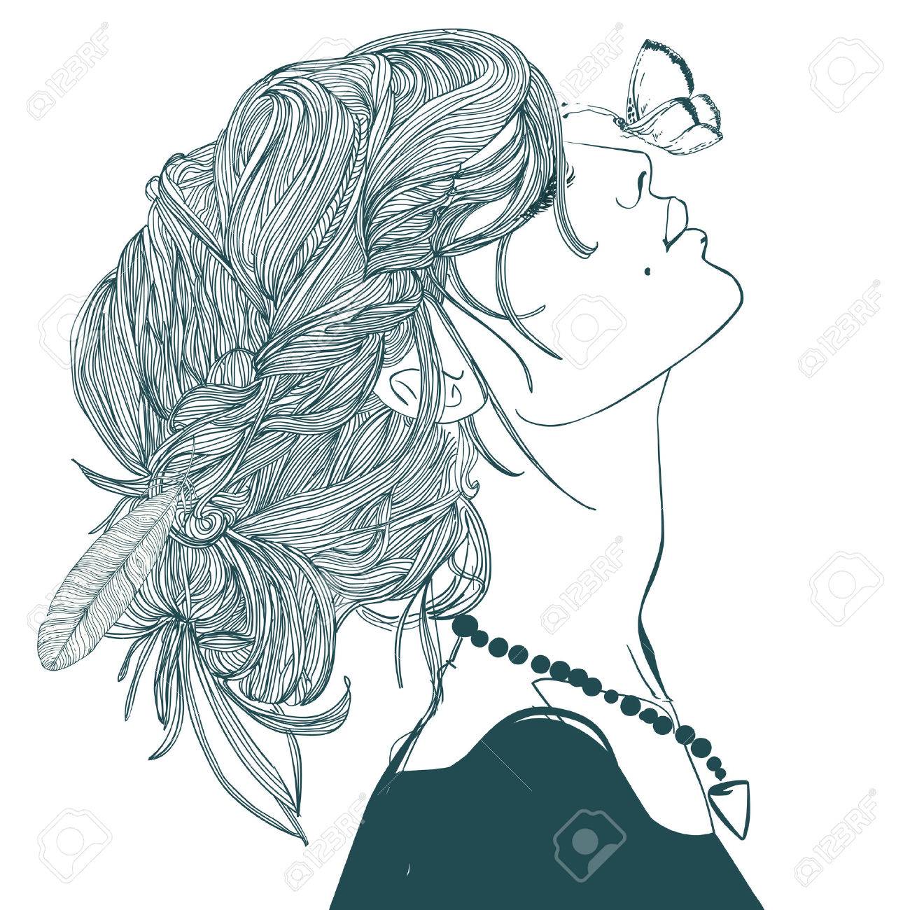 蝶の美しい若い女性のプロフィール のイラスト素材 ベクタ Image