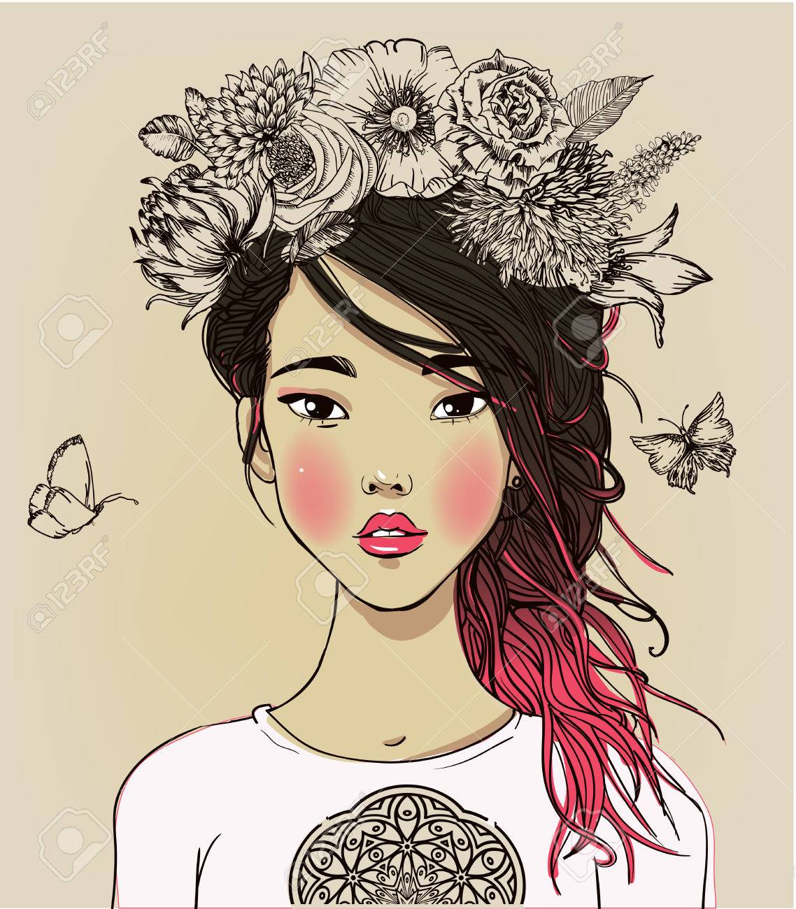 花を持つ若い美しいアジアの女性の肖像画 のイラスト素材 ベクタ Image 花を持つ若い美しいアジアの女性の肖像画 のイラスト素材 ベクタ Image