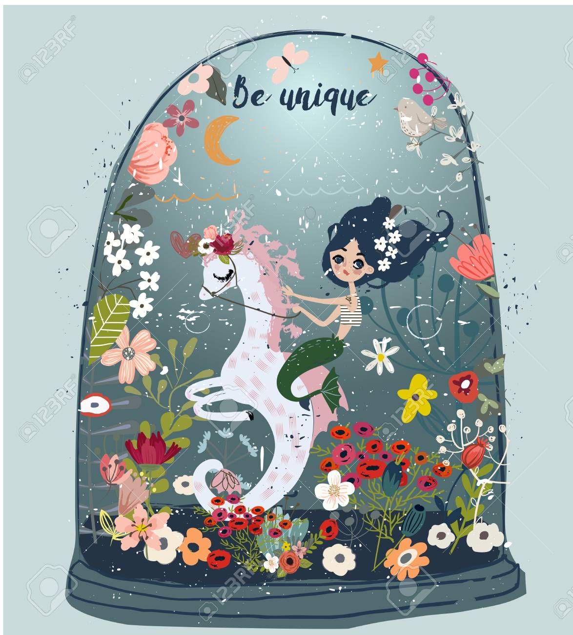 Banque d images Sir¨ne de style dessin animé mignon dessin d équitation un hippocampe avec des fleurs et des plantes de mer sur la toile de fond