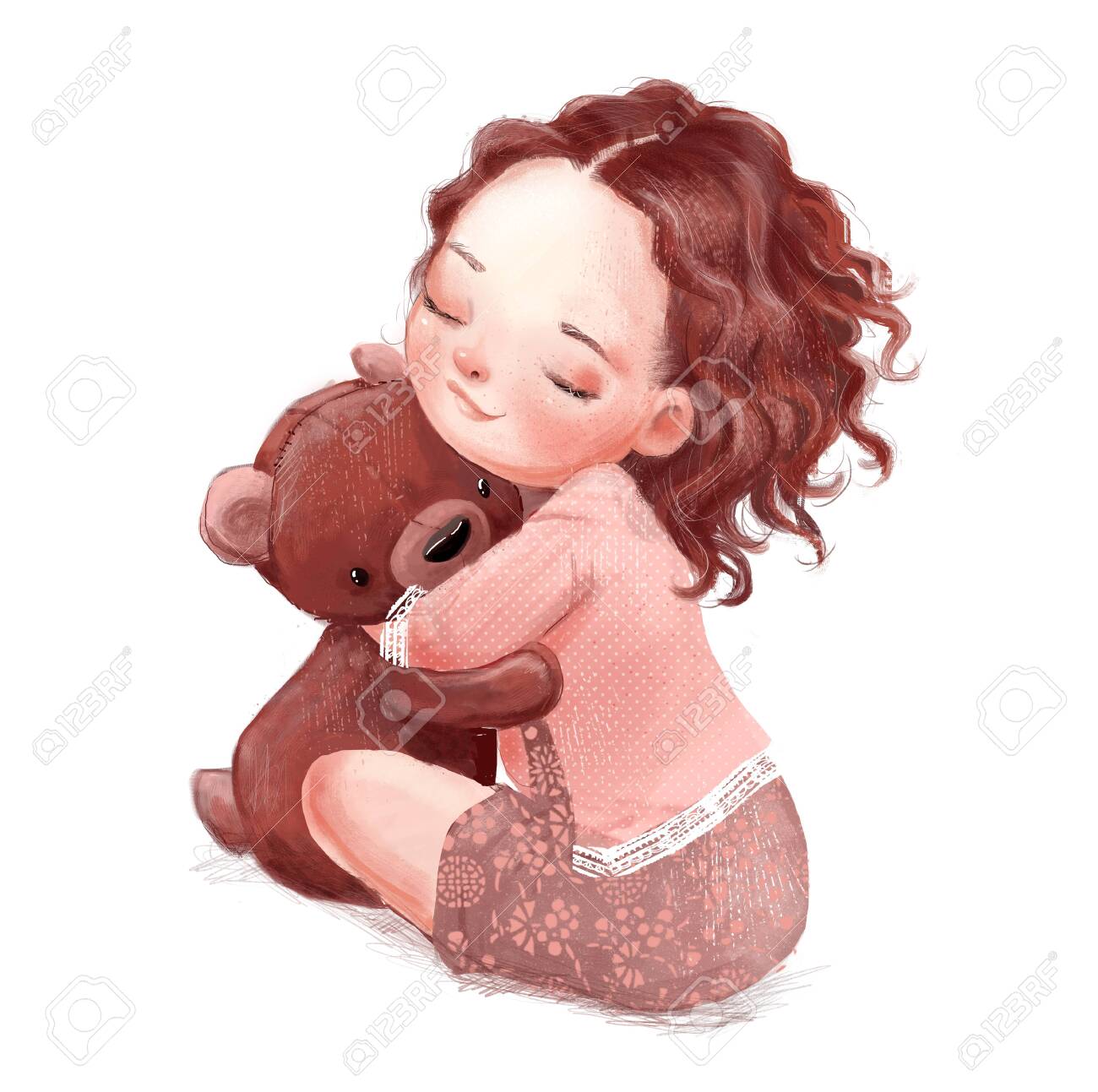 Cartoon Little Girl With Cute Teddy Bear Stock Photo, Picture And ...