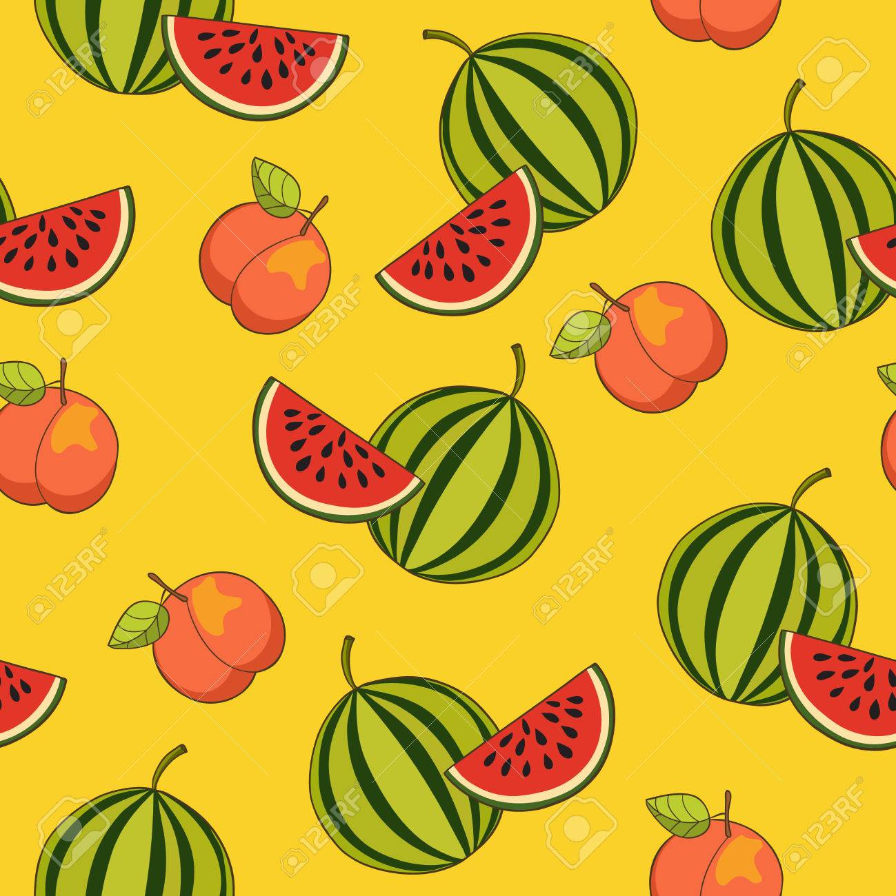 桃とスイカのパターンの図 エキゾチックなフルーツ 手描きスタイルのイラスト素材 ベクタ Image