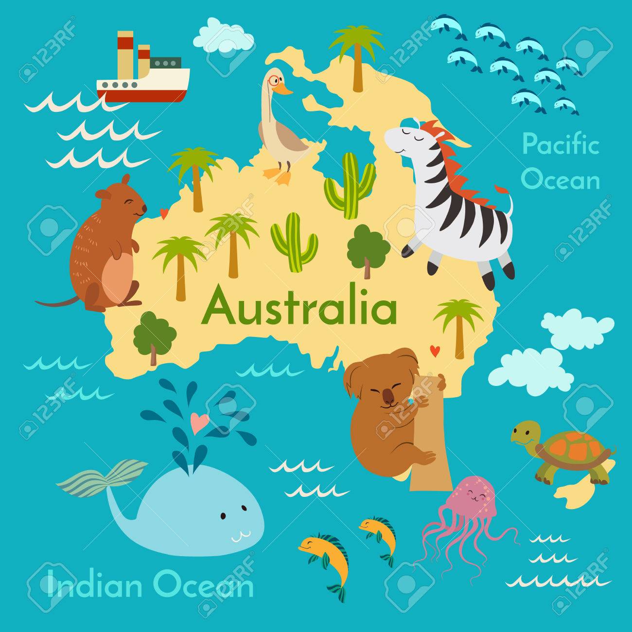 animals world map australia vector illustration preschool