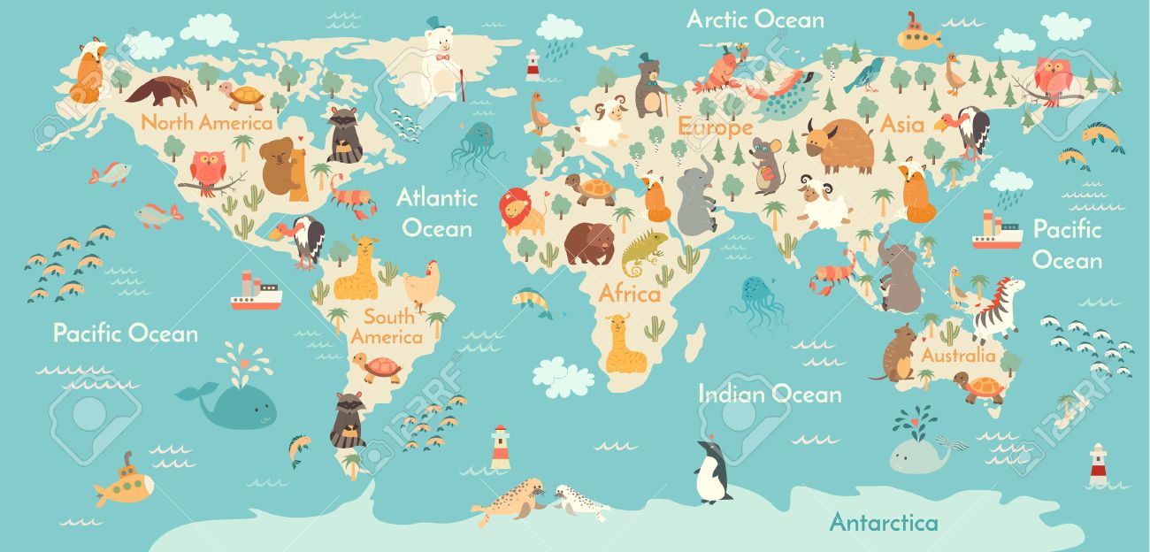 animals world map vector illustration preschool baby continents