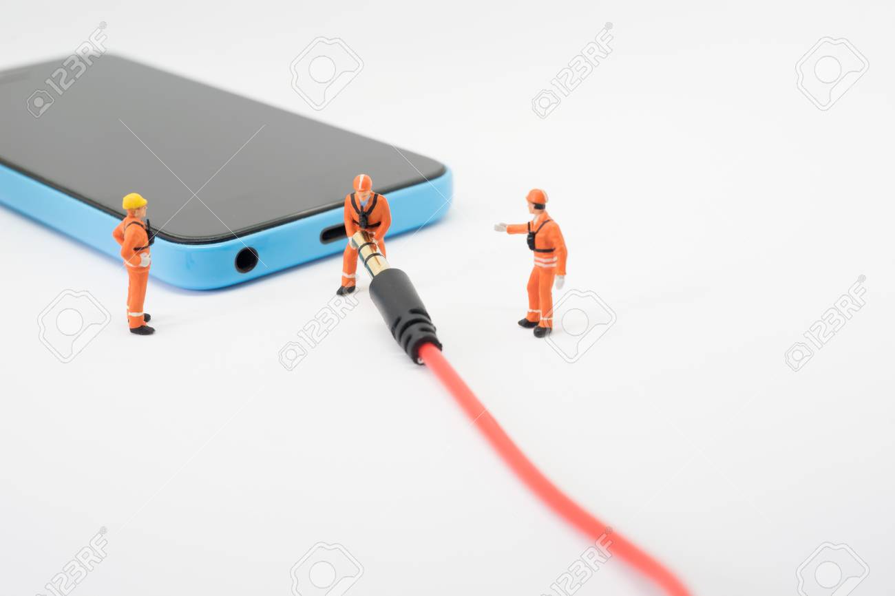 Earphone Jack Construction Team Worker With Mobile Phone Or Stock Photo Picture And Royalty Free Image Image
