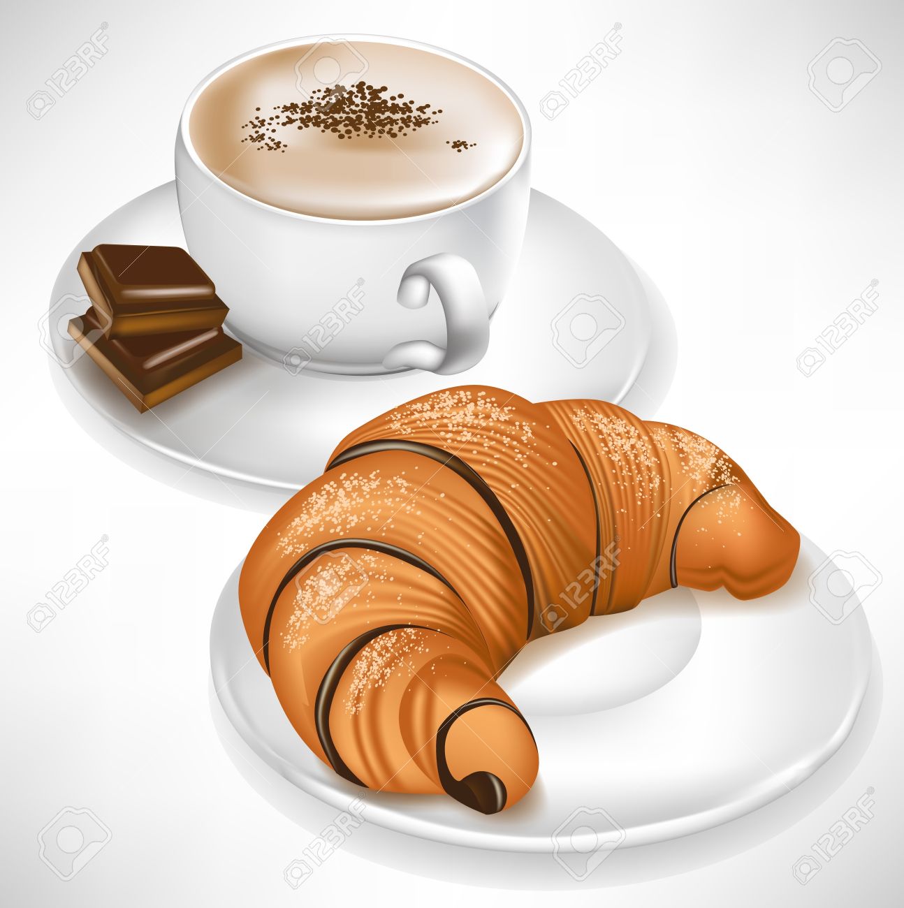Croissant On Plate And Coffee Cup With Chocolate Pieces Stock Vector Croissant On Plate And Coffee Cup With Chocolate Pieces Stock Vector
