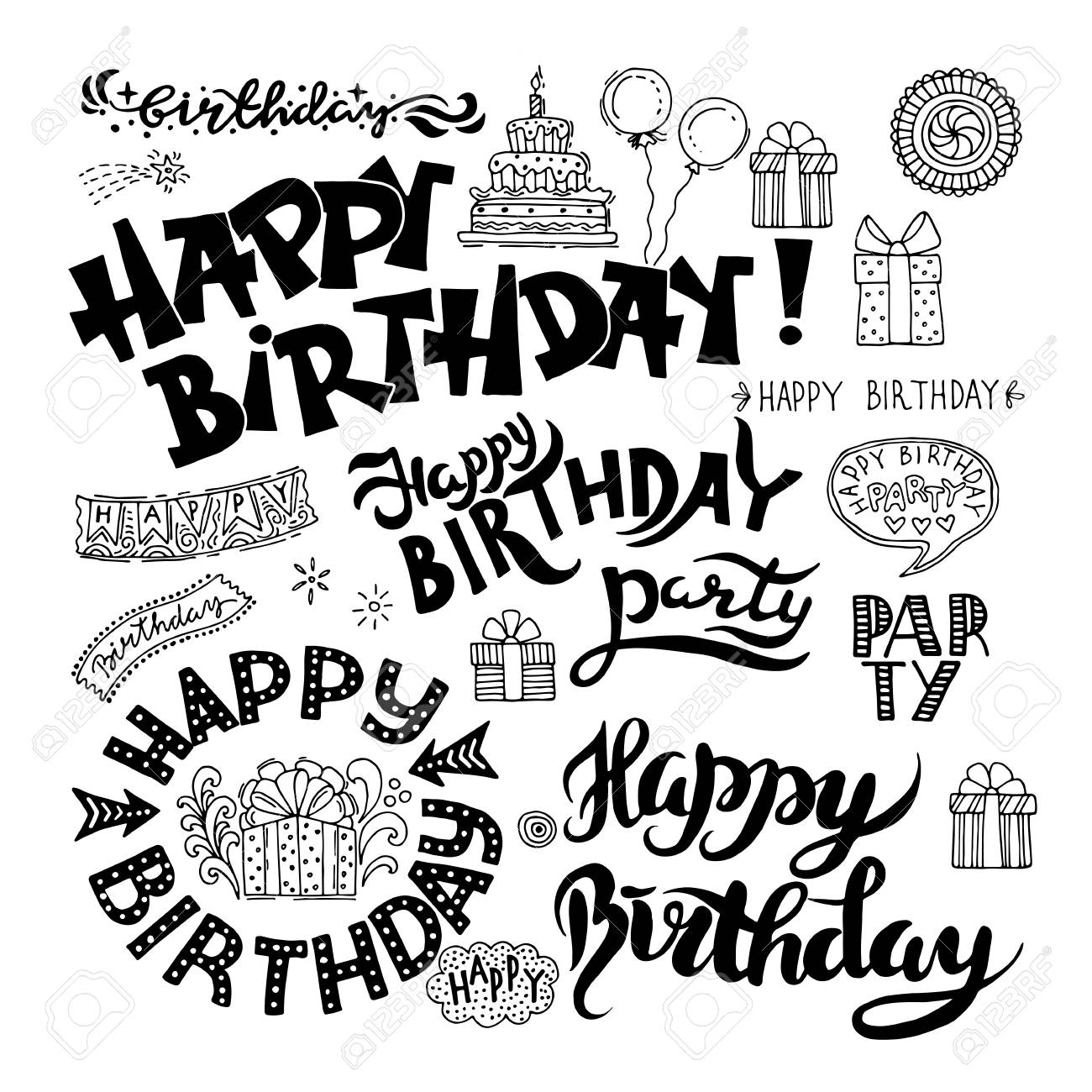 Conjunto De Lápices De Dibujo De Lápiz De Caligrafía Dibujado A Mano De  Feliz Cumpleaños Ilustraciones Svg, Vectoriales, Clip Art Vectorizado Libre  De Derechos. Image 72879008.