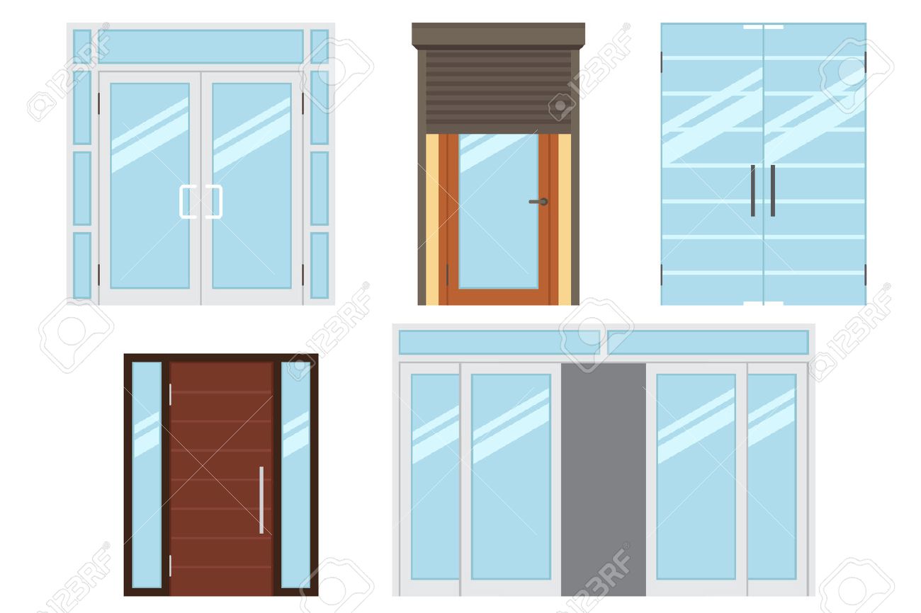 Vector collection of various types of modern entrance doors for office, home, store, mall, shop, supermarket. Isolated on white. Flat style. - 53441190 Vector collection of various types of modern entrance doors for office, home, store, mall, shop, supermarket. Isolated on white. Flat style. - 53441190