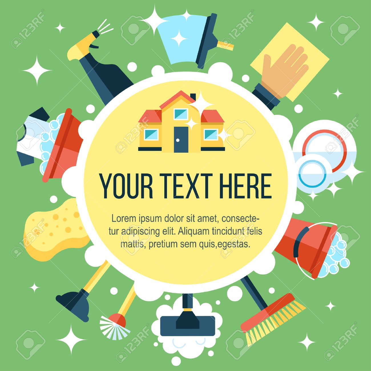 Colorful vector poster template for house cleaning services with various cleaning tools. Flat style. - 53441695 Colorful vector poster template for house cleaning services with various cleaning tools. Flat style. - 53441695