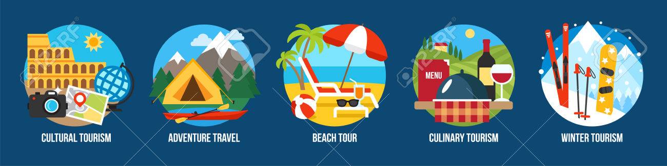 Vector set of illustrations for different types of tourism. Flat style. - 84005710 Vector set of illustrations for different types of tourism. Flat style. - 84005710