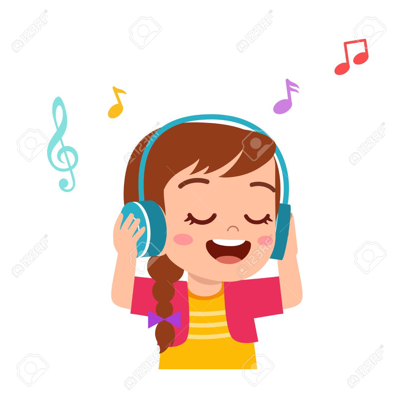 幸せなかわいい子供の女の子は良い音楽を聴く のイラスト素材 ベクタ Image