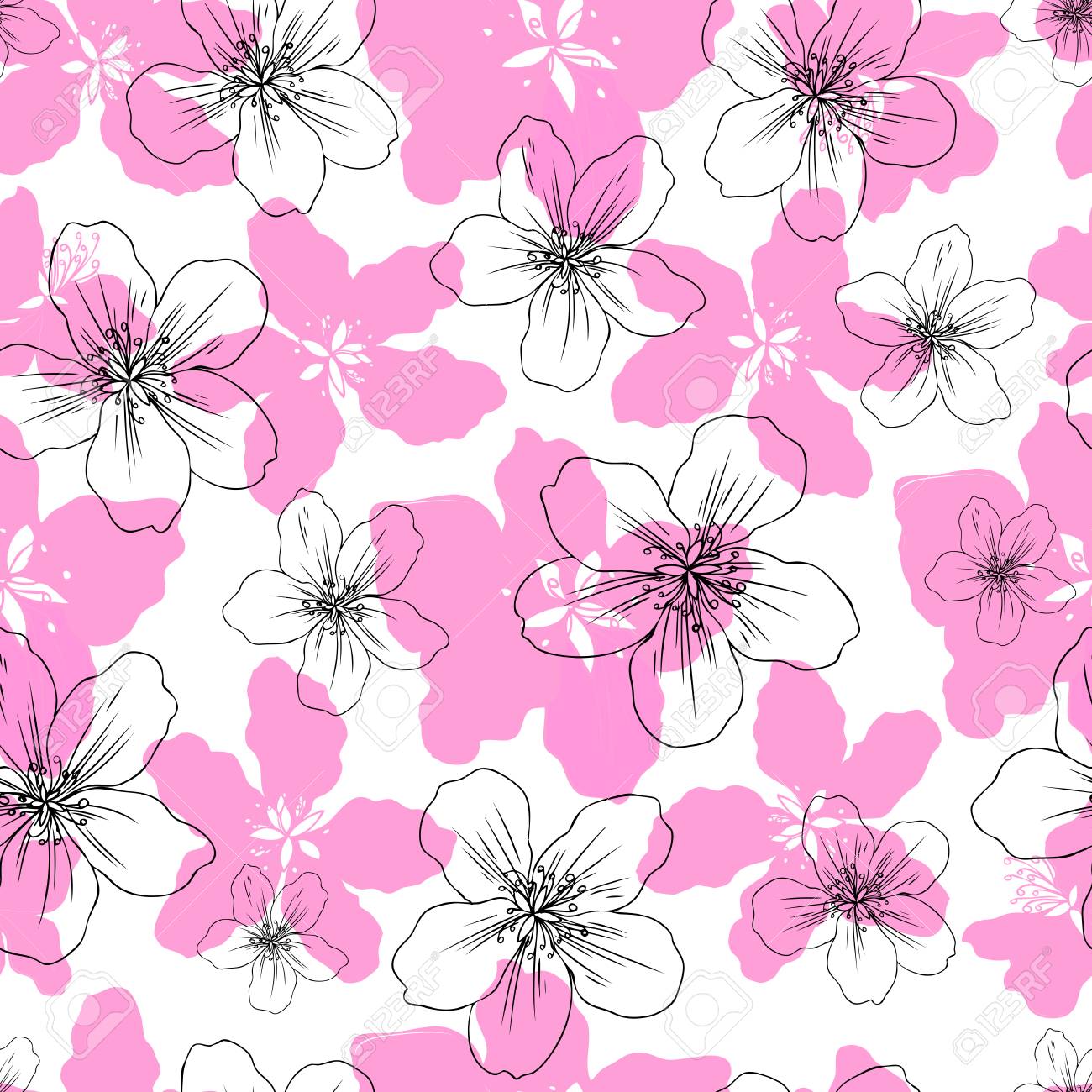 アップル花桜手描きホワイト バック グラウンド シームレス花柄 グリーティング カード 化粧品のパッケージ デザイン 結婚式の招待状 ピンク さくら概要アートに分離された美しさを壁紙します のイラスト素材 ベクタ Image