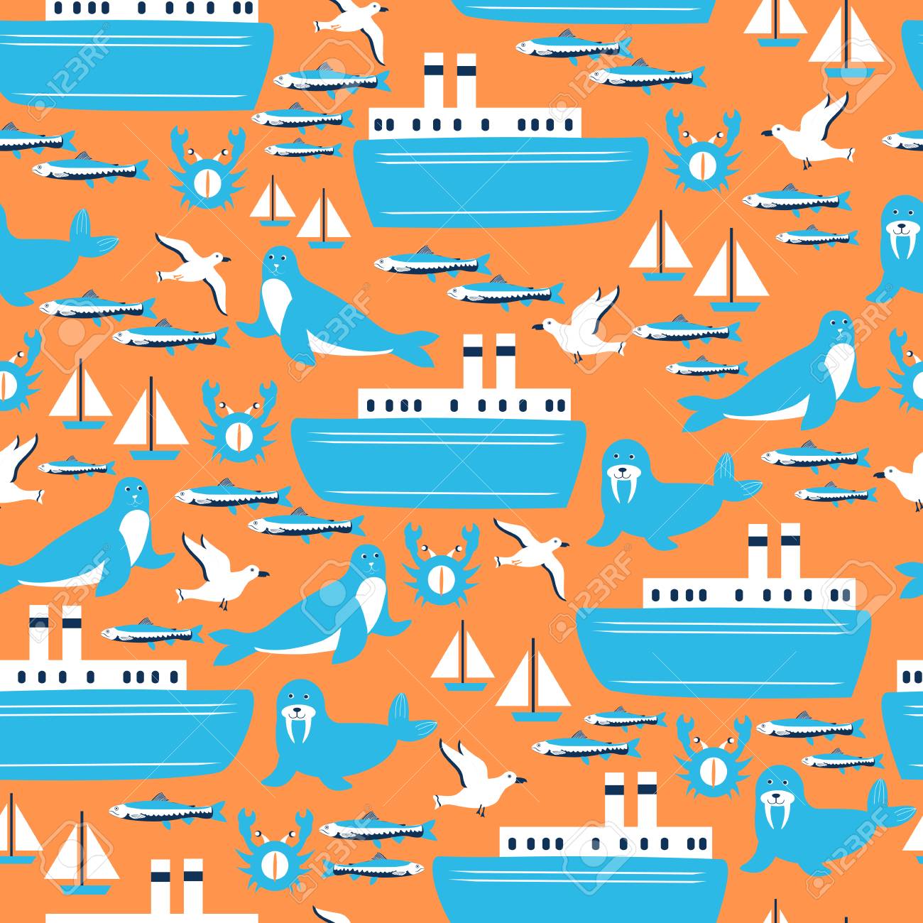 シームレスな海洋パターン 野生の海の動物 漫画の旅行ベクトルイラスト 船 ヨット スワルラス 毛皮のシール オレンジ色の背景に隔離されたカモメのカラフルな デザイン壁紙のための装飾的な質感 のイラスト素材 ベクタ Image