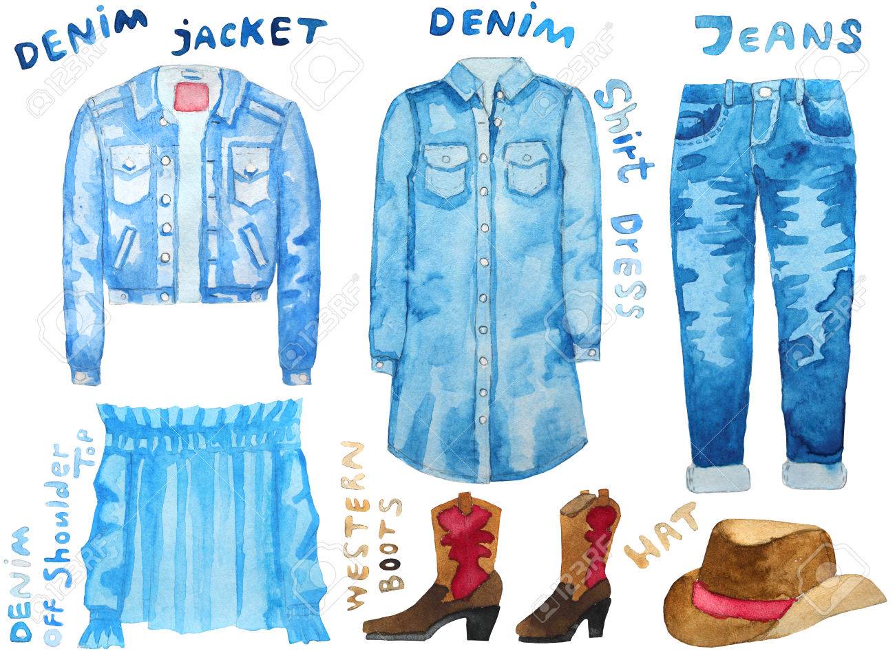 デニム ジャケット デニム シャツワン ピース 肩の上 ジーンズ ウェスタン ブーツ 帽子オフ デニム 手描き水彩イラスト ラスター図 の写真素材 画像素材 Image