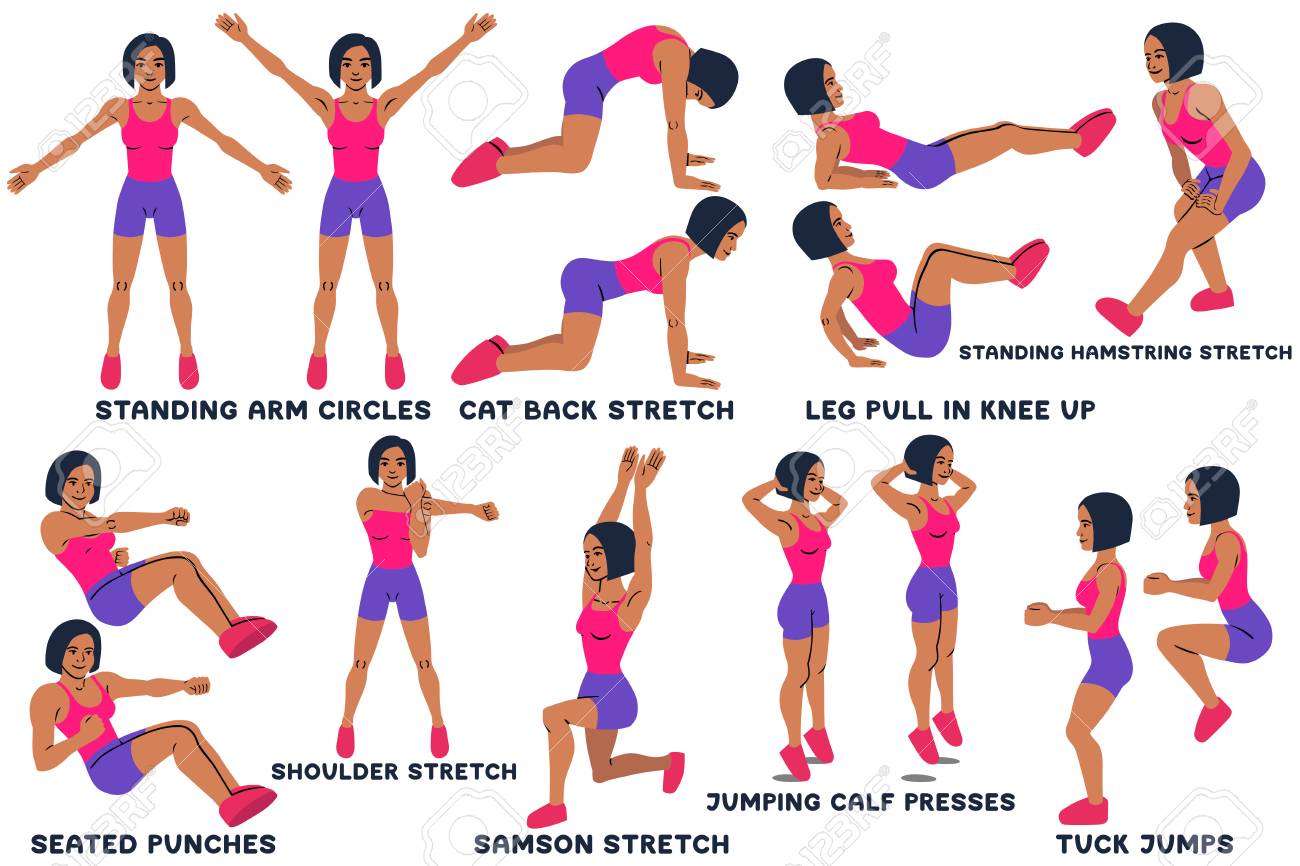 Standing Arm Circles Cat Back Stretch Leg Pull In Knee Up Standing Hamsting Stretch Seated Punches