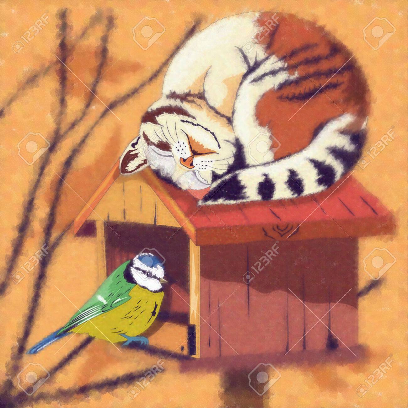 猫と鳥。自宅の猫のイラストを水彩スケッチ。 の写真素材・画像素材