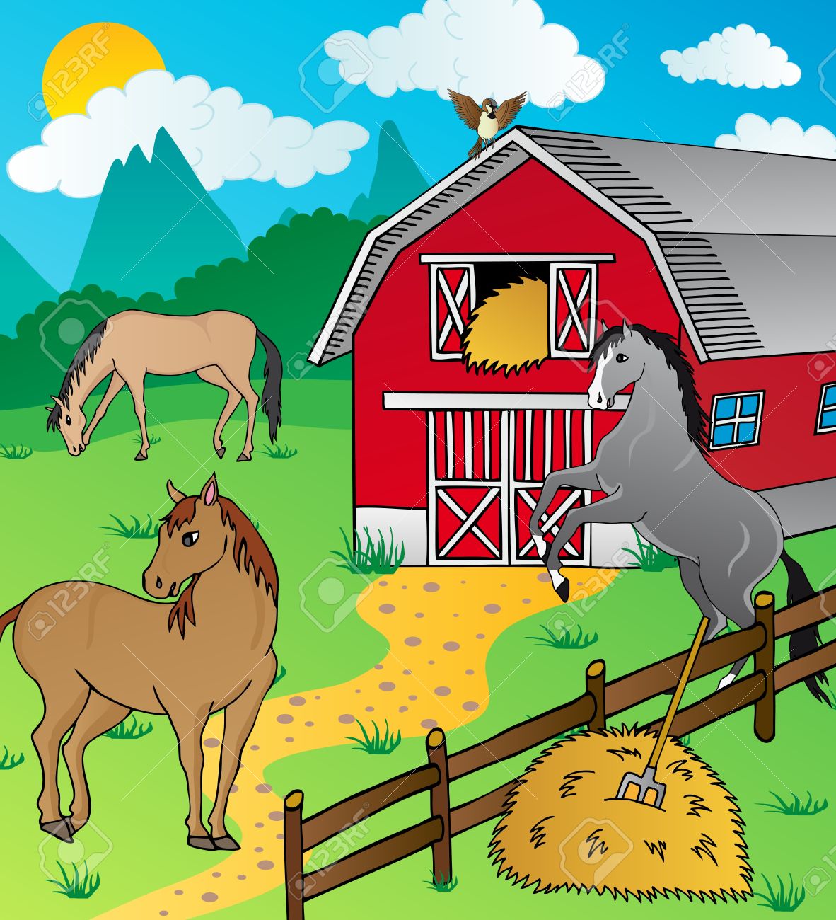 barn and horses vector illustration royalty free cliparts barn illustrationer