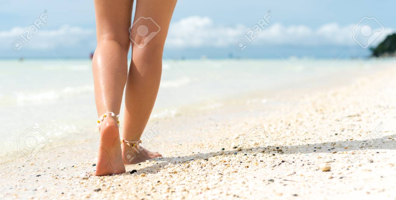 Sexy Legs On Tropical Sand Beach Walking Female Feet Closeup Sexy Legs On Tropical Sand Beach Walking Female Feet Closeup