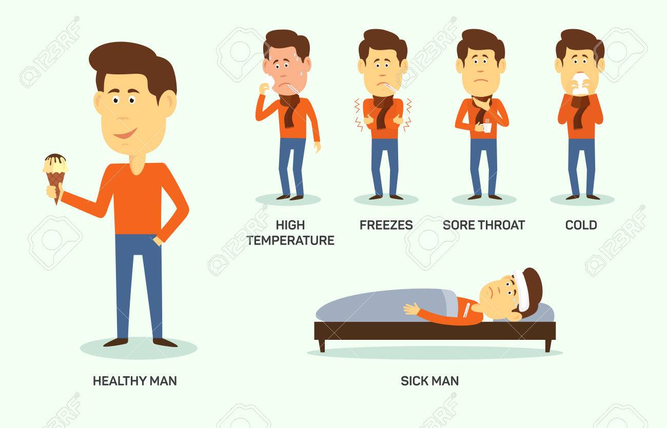 illustration of sick and healthy man with ice-cream. Symptom of high temperature, freeze, sore thoat, cold. - 54272271 illustration of sick and healthy man with ice-cream. Symptom of high temperature, freeze, sore thoat, cold. - 54272271