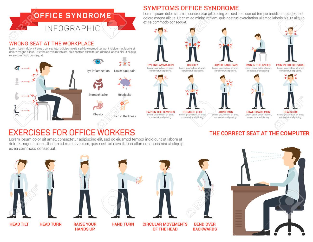 Vector flat illustration for office syndrome. Eyes inflammation, obesity, stomach ache, knees pain, headache, hands pain, lower back pain. Wrong sitting in the workplace. - 58703743 Vector flat illustration for office syndrome. Eyes inflammation, obesity, stomach ache, knees pain, headache, hands pain, lower back pain. Wrong sitting in the workplace. - 58703743