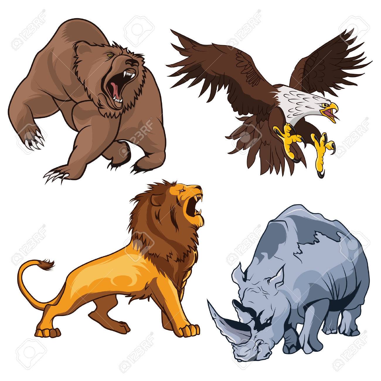 Safari Terrifying Feline Lion With Tail And Roaring Grizzly Horribilis Bear  Raising Claw, Zoo Ferocious And Dangerous Rhino And Belligerent Eagle, Hawk  Or Falcon Flying On The Prey In Cartoon Style. Can, image size:1300x1300