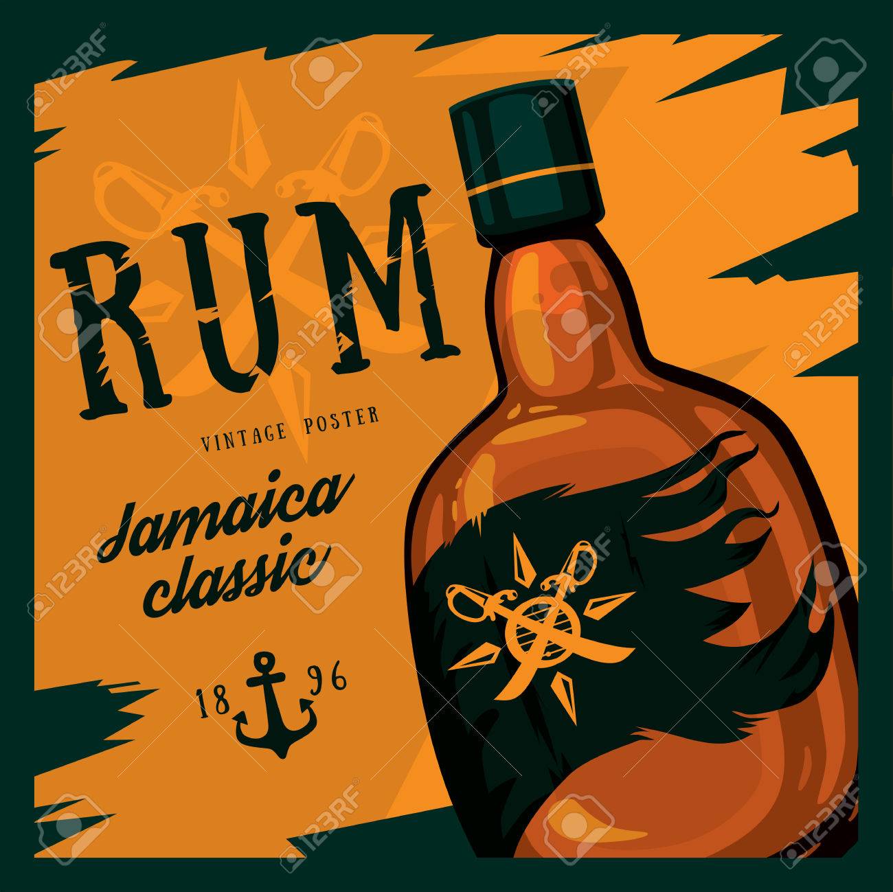 Rum or rhum glass bottle with swords on compass and anchor retro or vintage, old looking poster. Jamaica classic alcohol beverage. Can be used for bars or restaurant advertising theme - 60019211 Rum or rhum glass bottle with swords on compass and anchor retro or vintage, old looking poster. Jamaica classic alcohol beverage. Can be used for bars or restaurant advertising theme - 60019211