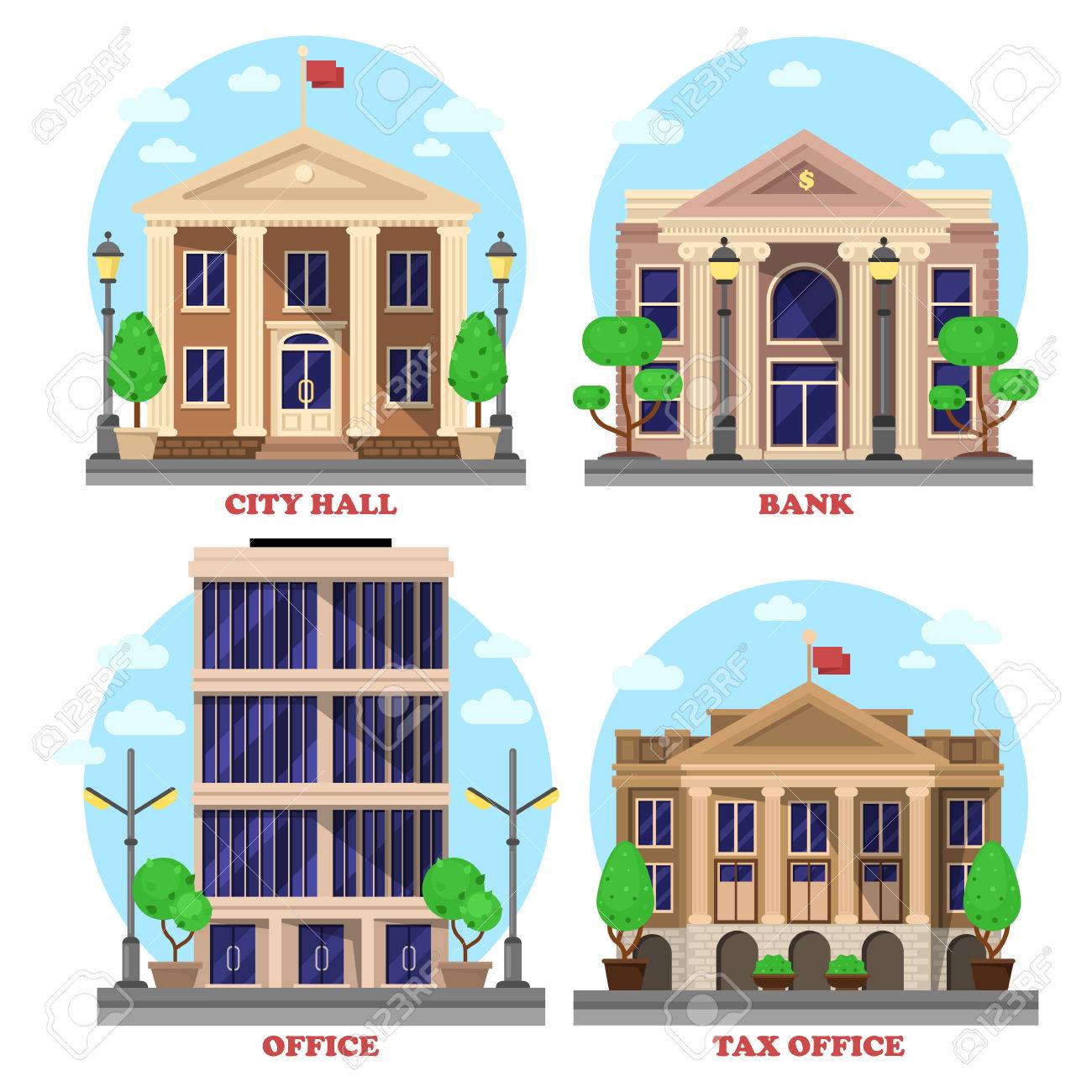 ドル通貨記号と超高層ビルのオフィス 国立市役所フラグと税の収益ビルや茂みや木の家と銀行 市立市政府建造物ファサードの外装 のイラスト素材 ベクタ Image
