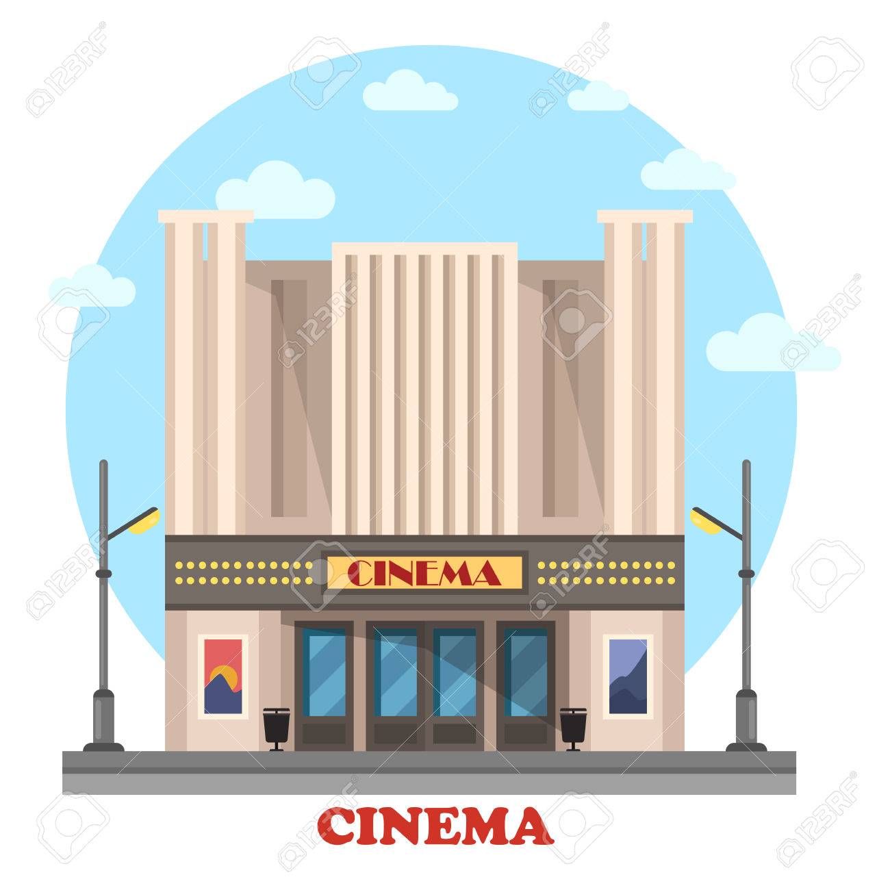 映画館の芸術映画や映画の建物します エンターテイメントとレジャーのための現代的な建築の構造 ライトやポスターのある家 リラクゼーションとショー 都市の景観テーマに最適 のイラスト素材 ベクタ Image