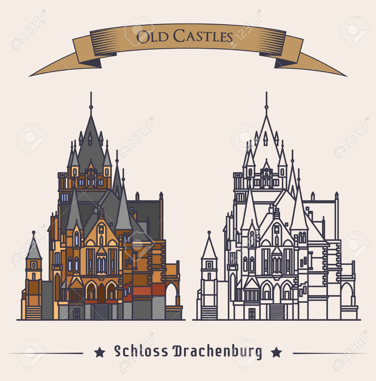 Schloss Drachenburg Schlossgebaude In Konigswinter Fassade Der Konstruktion Oder Struktur Als Gotische Symbol Retro Herrenhaus Mit Aussenansicht Alte Festung Abzeichen Oder Ein Symbol Historisches Thema Lizenzfrei Nutzbare Vektorgrafiken Clip Arts