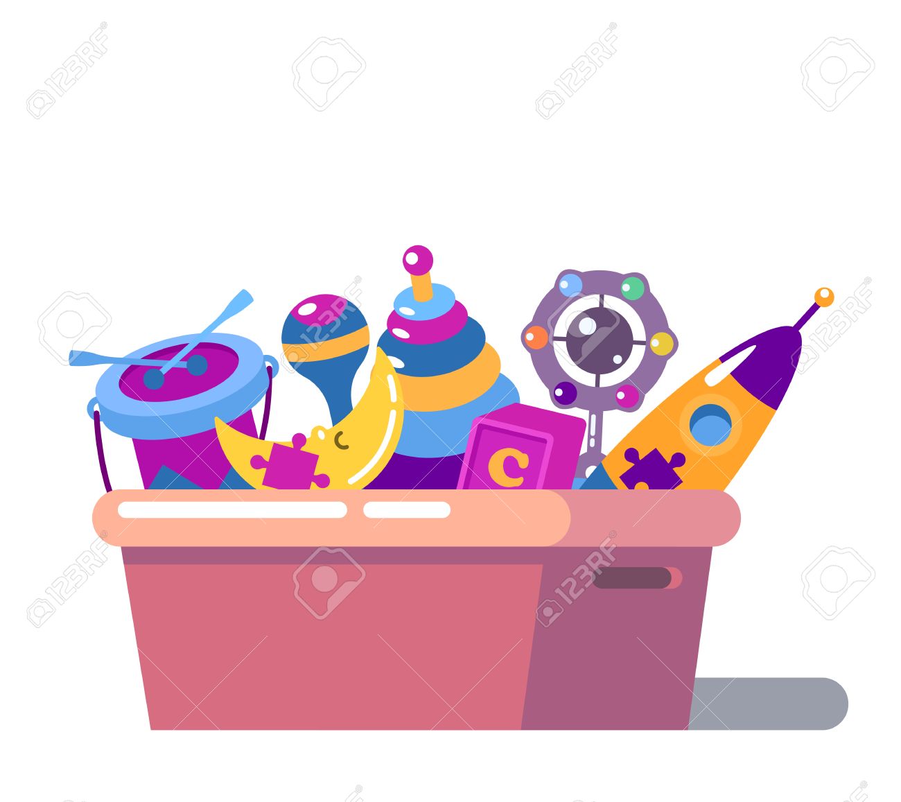 Geïsoleerde staande kinderen cartoon speelgoed doos. Raket en zitzak, rammelaar of maraca, trommel en maan, puzzelstuk speelgoed op de borst of doos. Geïsoleerde staande kinderen cartoon speelgoed doos. Raket en zitzak, rammelaar of maraca, trommel en maan, puzzelstuk speelgoed op de borst of doos.