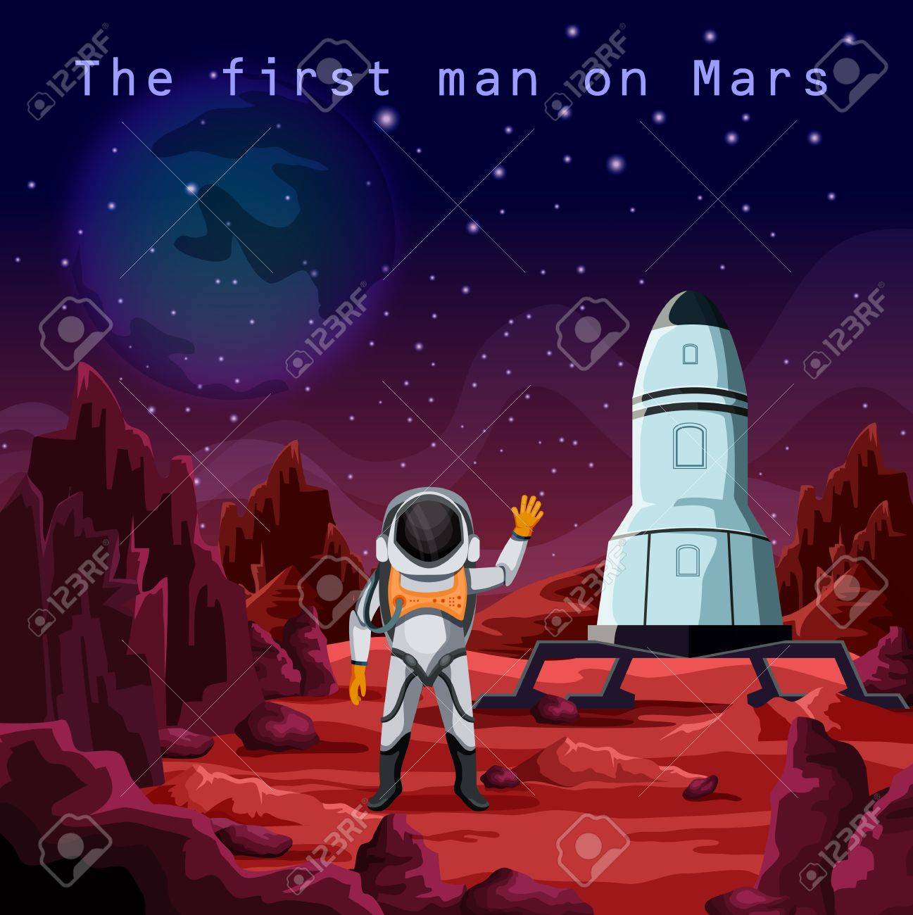 An Astronaut in spacesuit or first man on red planet mars. Human cosmonaut near rocket or spaceship. Cosmos and space exploration and colonization, future mission and science, galaxy theme. - 79241083 An Astronaut in spacesuit or first man on red planet mars. Human cosmonaut near rocket or spaceship. Cosmos and space exploration and colonization, future mission and science, galaxy theme. - 79241083