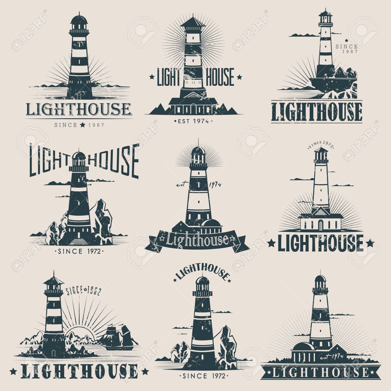 Isolated lighthouse sketches near rocks and reefs, sea and ocean, buildings near ships or fregate. Guidance structure at port or harbor. Nautical hazard banner or marine sign, sailor and travel logo - 81976007 Isolated lighthouse sketches near rocks and reefs, sea and ocean, buildings near ships or fregate. Guidance structure at port or harbor. Nautical hazard banner or marine sign, sailor and travel logo - 81976007