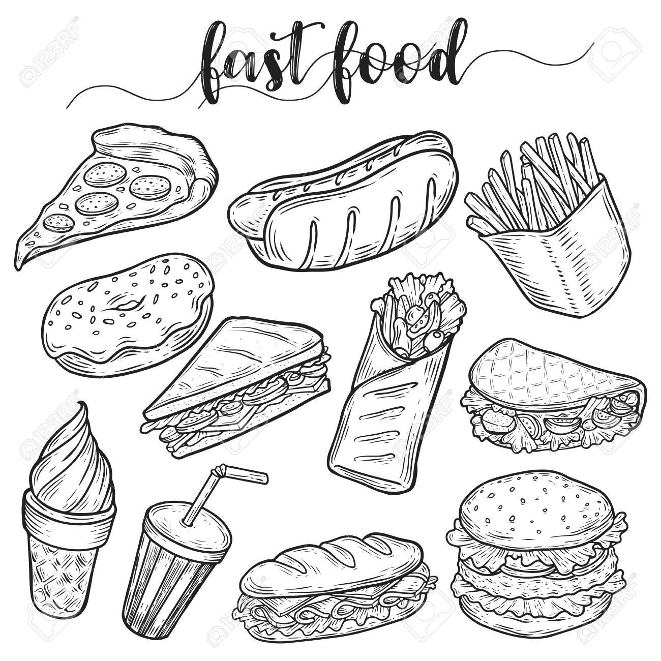 Fast food with dessert and drinks sketch icons  Stock Illustration  20164145  PIXTA