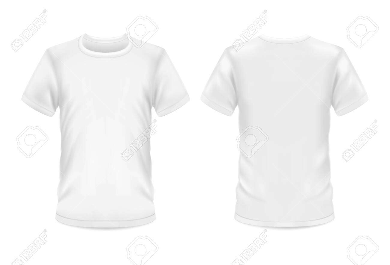 White t-shirt, vector 3d blank realistic model mockup. Man and woman sportswear or casual t shirt with round neck and short sleeves, front and rear view for branding template - 135934201 White t-shirt, vector 3d blank realistic model mockup. Man and woman sportswear or casual t shirt with round neck and short sleeves, front and rear view for branding template - 135934201