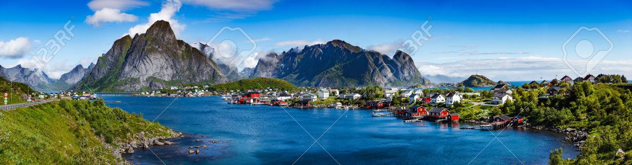 Panorama Lofoten is an archipelago in the county of Nordland, Norway. Is known for a distinctive scenery with dramatic mountains and peaks, open sea and sheltered bays, beaches and untouched lands. - 71644449 Panorama Lofoten is an archipelago in the county of Nordland, Norway. Is known for a distinctive scenery with dramatic mountains and peaks, open sea and sheltered bays, beaches and untouched lands. - 71644449