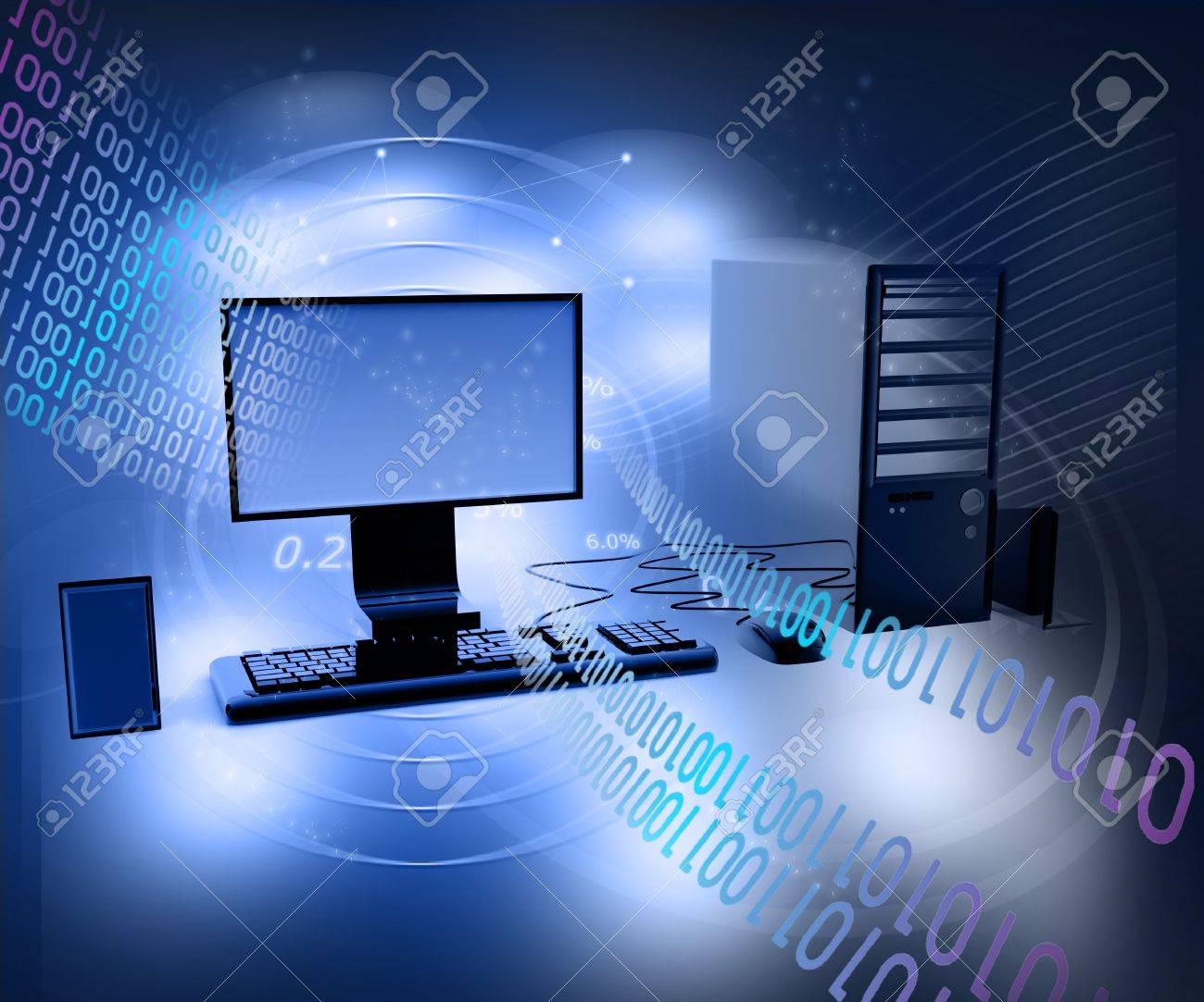Realistic Desktop Computer On Abstract Tech Background Stock Photo, Picture  and Royalty Free Image. Image 22106017., image size:1300x1083