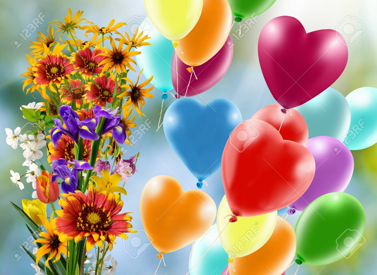 Image Of Beautiful Flowers And Colorful Balloons On Sky Background. Flowers  And Balloons As A Symbol Of Love And Holiday, Stock Photo, Picture and  Royalty Free Image. Image 68708891., image size:1300x949