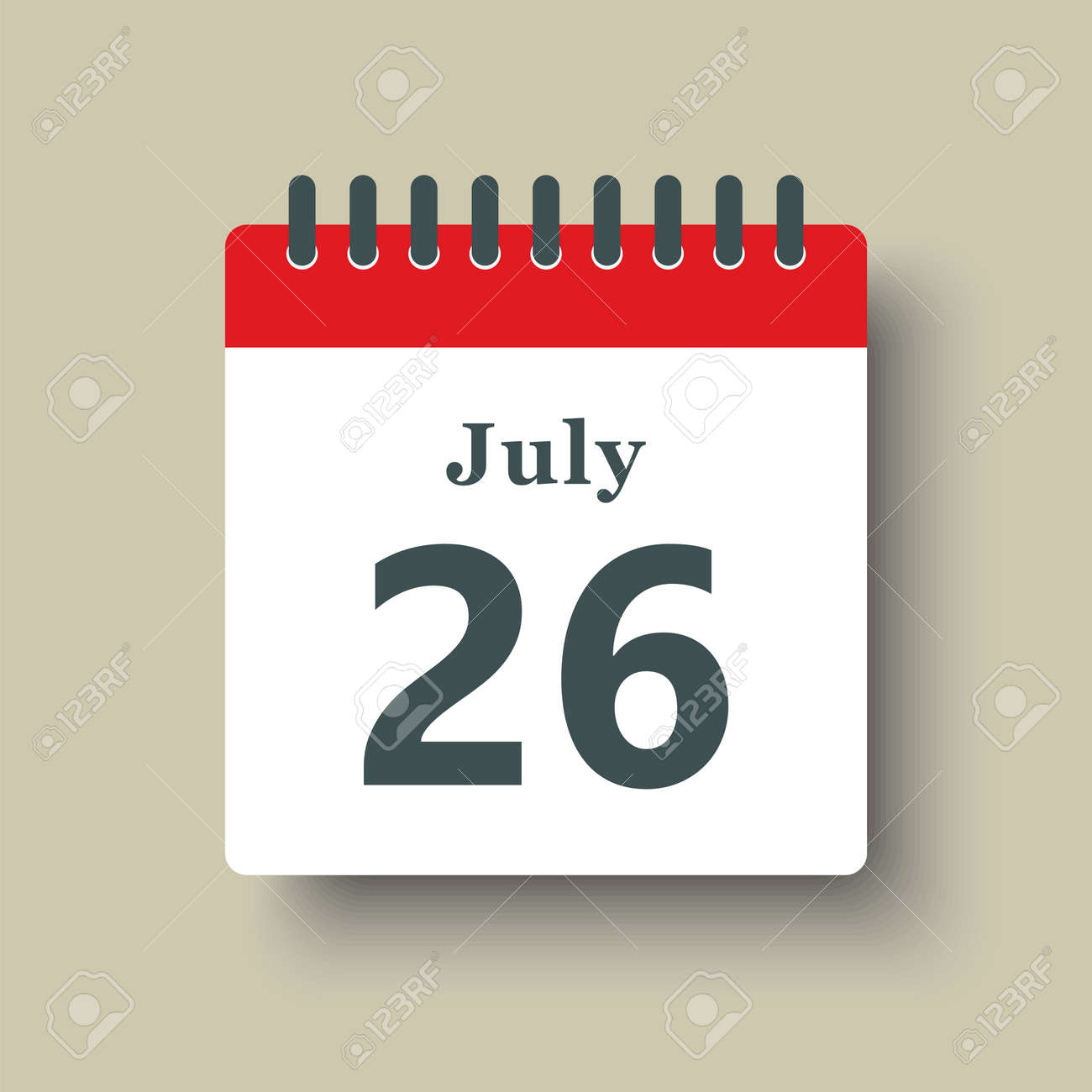 Icône page calendrier jour - 26 juillet. Date jour de la semaine Dimanche, Lundi, Mardi, Mercredi, Jeudi, Vendredi, Samedi. 26e jours du mois, style plat d'illustration vectorielle. Vacances d'été en juillet - 167138131