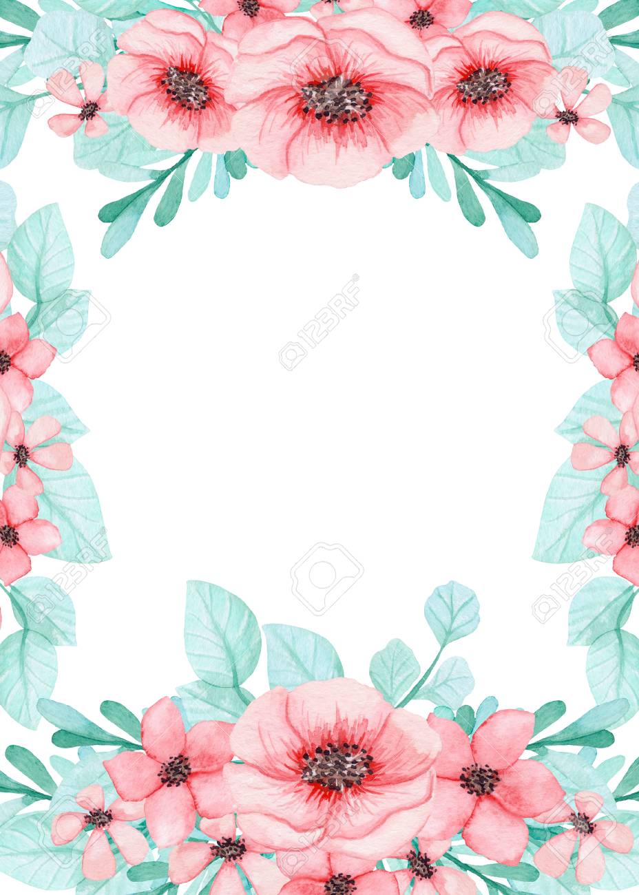 水彩の薄緑の葉とピンクの花のフレーム の写真素材 画像素材 Image