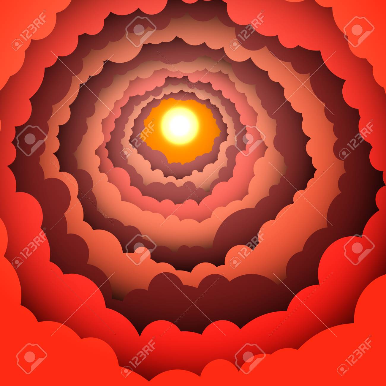 色付きの紙の夕日の背景 夕方の赤い雲の間に輝くオレンジ色の太陽のベクトルイラスト 色紙技術でカラフルな自然の夕日シーン 空のサンシャイントンネル の イラスト素材 ベクタ Image