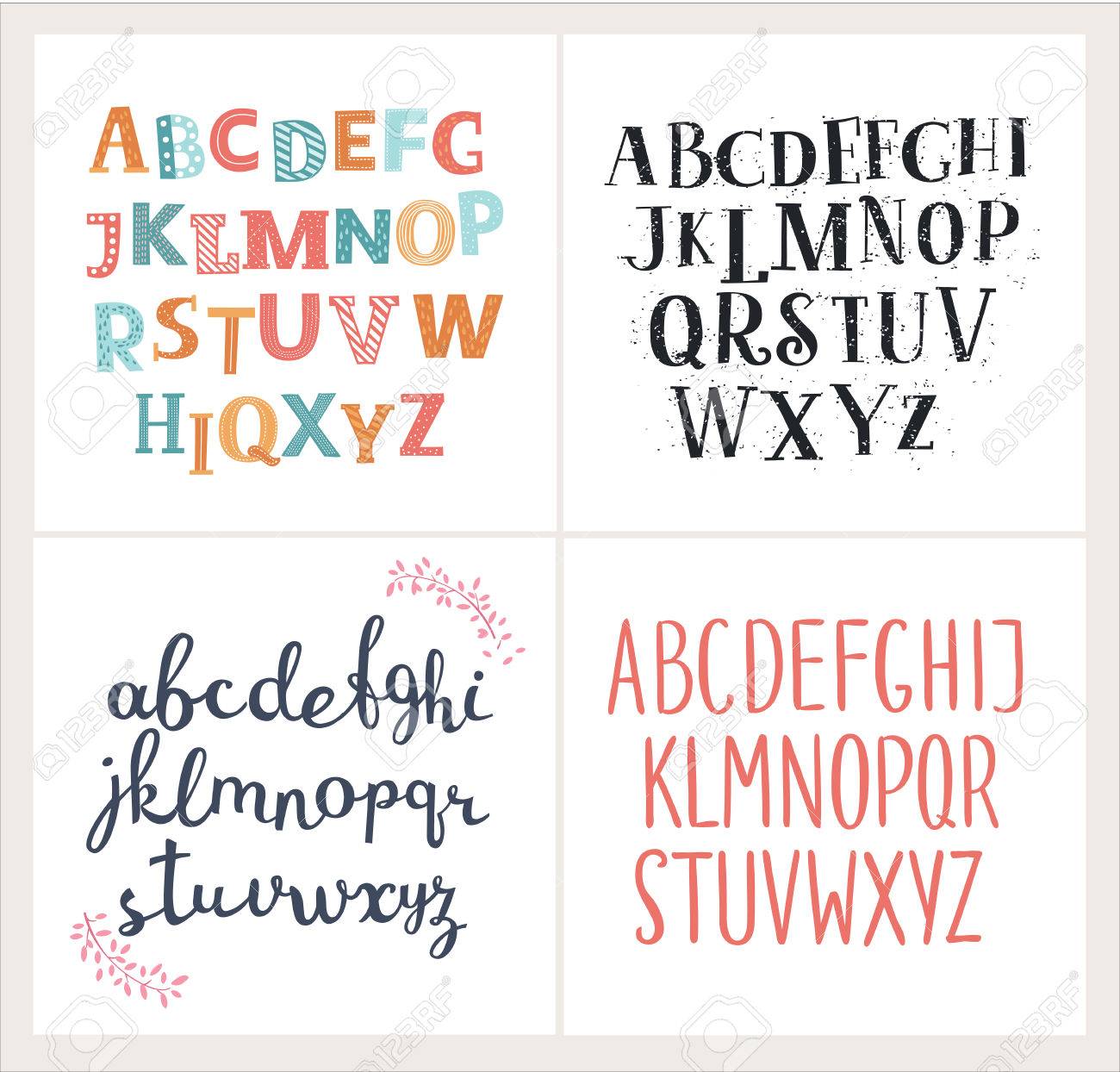 Vector Set Of Four Difference English Alphabets Cute Colorful Vector English Alphabet Vintage Font Funny Hand Written Font And Capital Abc Lowercase And Uppercase Letterrs Royalty Free Cliparts Vectors And Stock Illustration