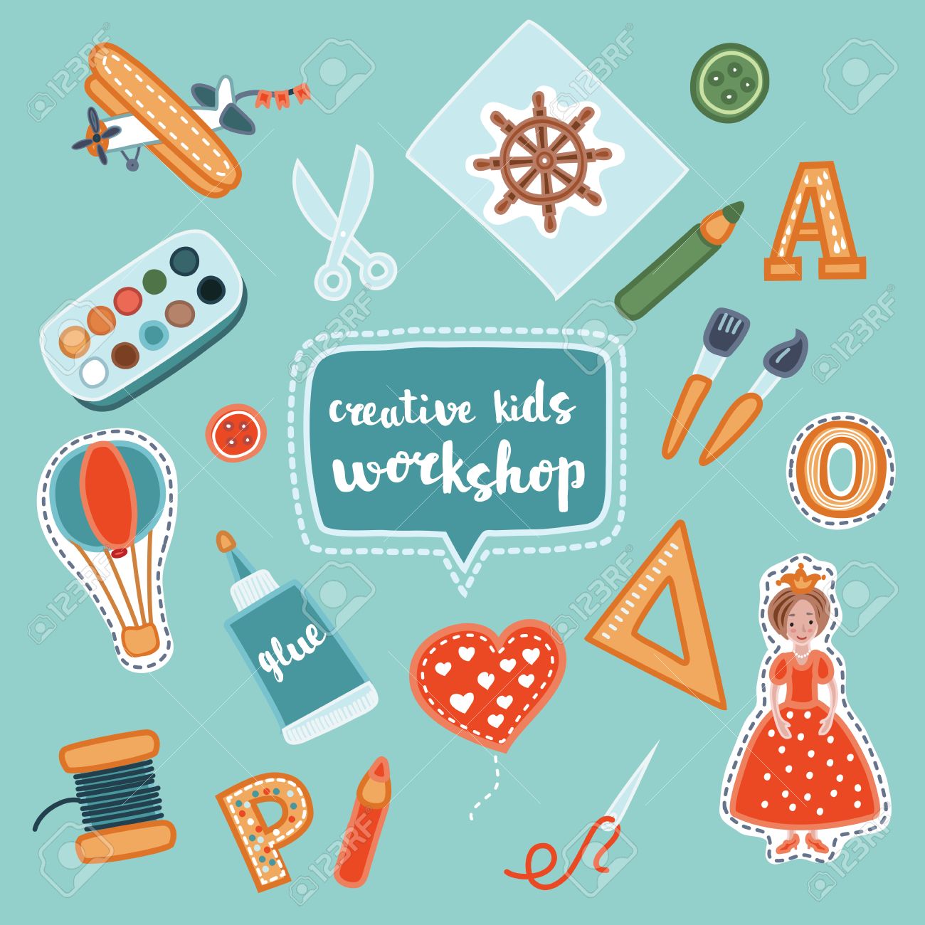 創造的な子供 子アプリケーションと子供の手仕事の創造的なプロセス ワーク ショップ セットのイラストのイラスト素材 ベクタ Image