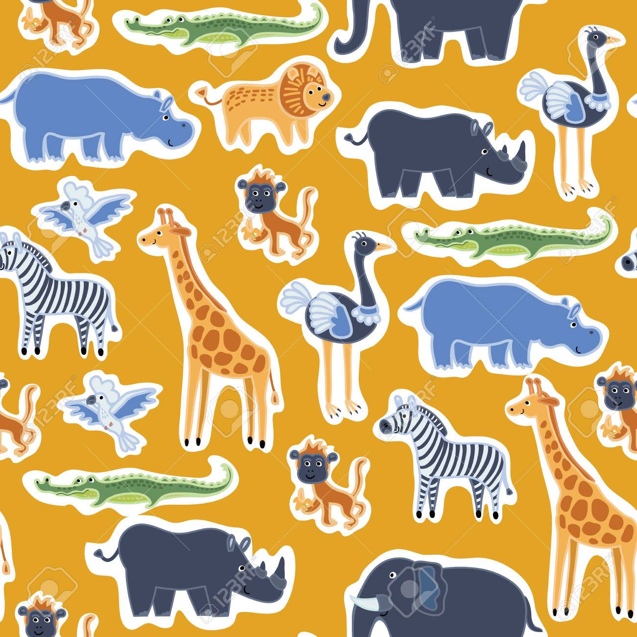 かわいい面白いアフリカの動物 サバンナの動物のイラストのシームレスなパターン ベクトル のイラスト素材 ベクタ Image