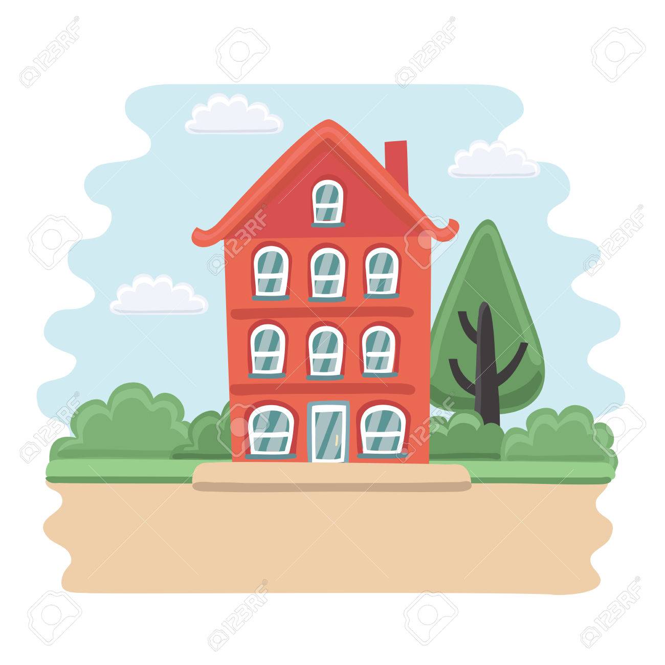 ベクトル漫画イラストの英語の 3 階建て住宅外観 ツリー 通り 青い空と雲 のイラスト素材 ベクタ Image