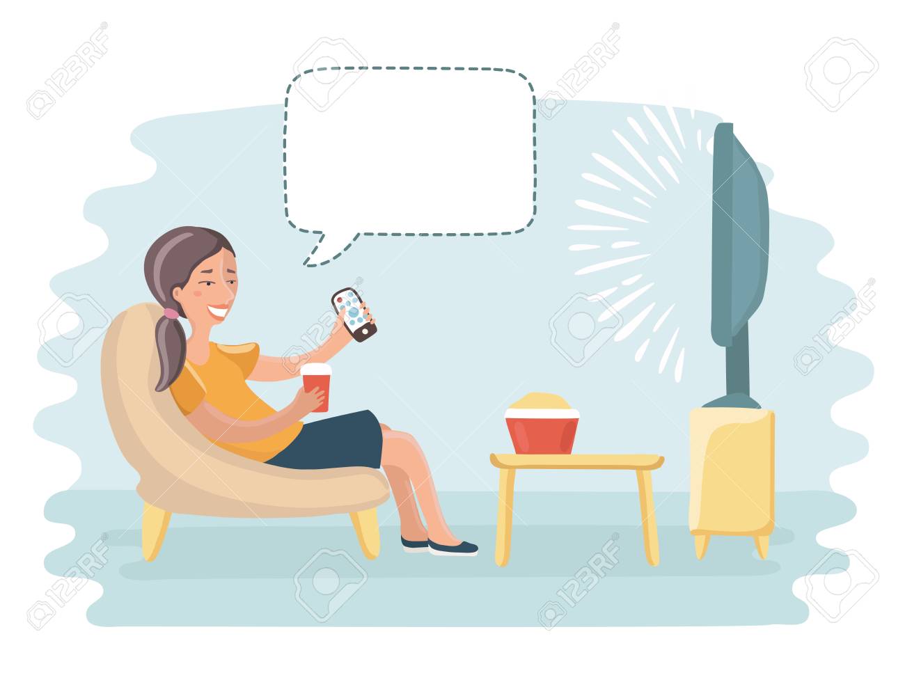 vector funny cartoon illustration of happy woman watch tv and