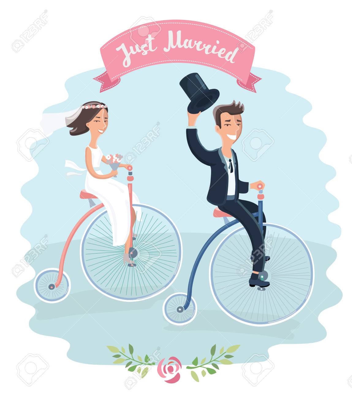 三輪車ヴィンテージ自転車に乗って公園内の結婚式のカップルの漫画