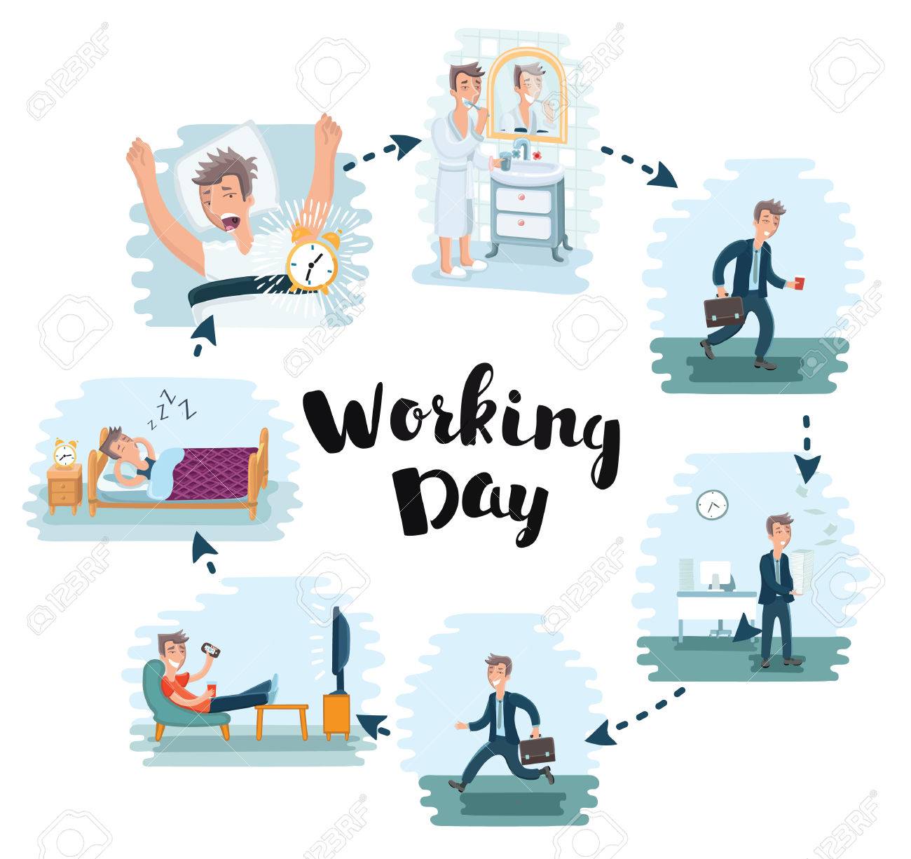 Vector Illustration De Dessin Anime De L Homme Journee De Travail Au Bureau Employe De Bureau Travaille Et Se Repose Apres Le Travail Clip Art Libres De Droits Vecteurs Et Illustration Image