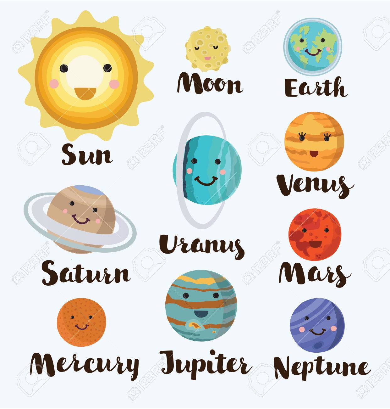 Vector Illustration Of Cute Cartoon Solar System On White Isolated Background. Cute Planets With Funny Smiling Faces Planet And Moon And Sun Set And Hand Drawn Lettering Names Royalty Free SVG, Cliparts, Vector Illustration Of Cute Cartoon Solar System On White Isolated Background. Cute Planets With Funny Smiling Faces Planet And Moon And Sun Set And Hand Drawn Lettering Names Royalty Free SVG, Cliparts,