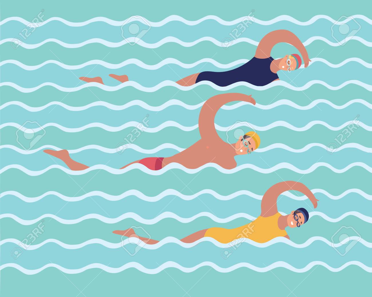 Vector Cartoon Illustration Of Horizontal Illustration With Swimmers In Swimming  Pool. Woman And Man. Various People In Water, Swim In Same Direction.  Sportsmen. Modern Characters. Royalty Free SVG, Cliparts, Vectors, and Stock