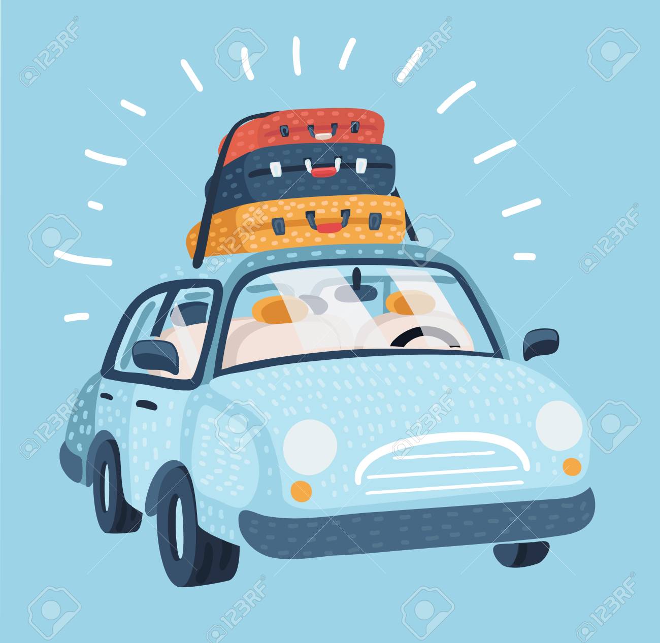 走行用車のベクトル漫画イラスト 家族旅行のための手荷物との車の輸送 上に荷物トランクスーツケース 旅行や移転 移行 旅行の概念 のイラスト素材 ベクタ Image