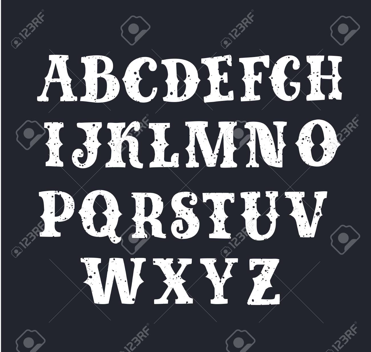 黒の背景に白色の西洋スタイルのフォントのベクター漫画セット レトロな装飾的な文字アルファベット キャピタルアッパーセリフabc のイラスト素材 ベクタ Image